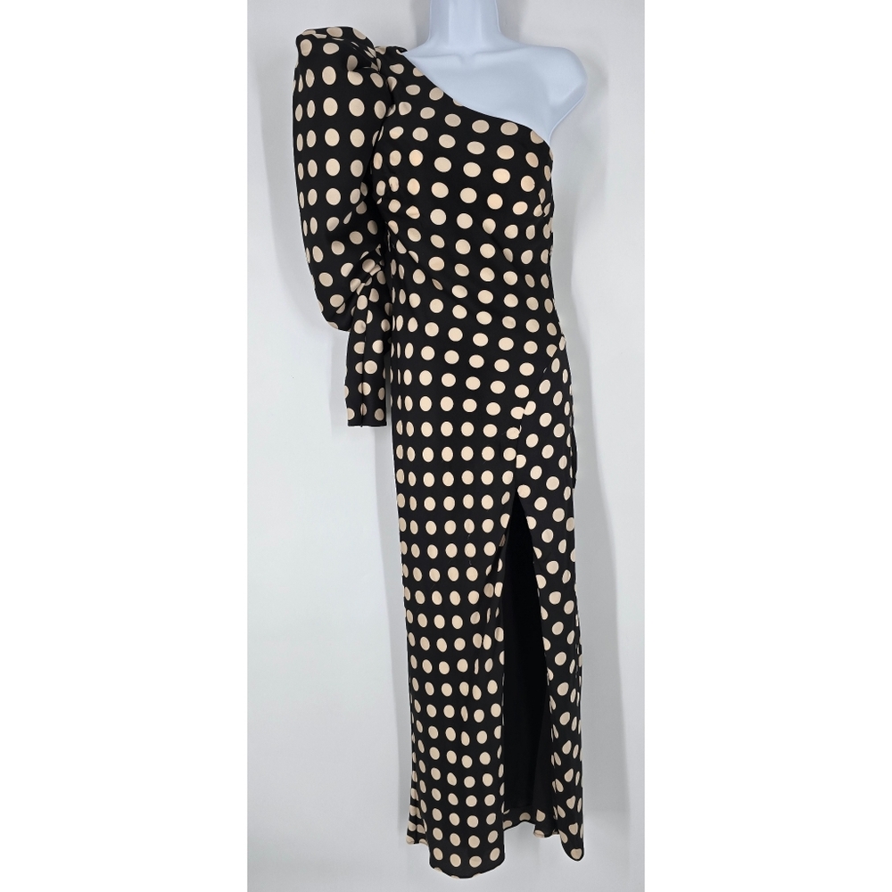 Ieena Mac Duggal One Puff Sleeve Polka Dot Sheath Gown Black Beige Size 4